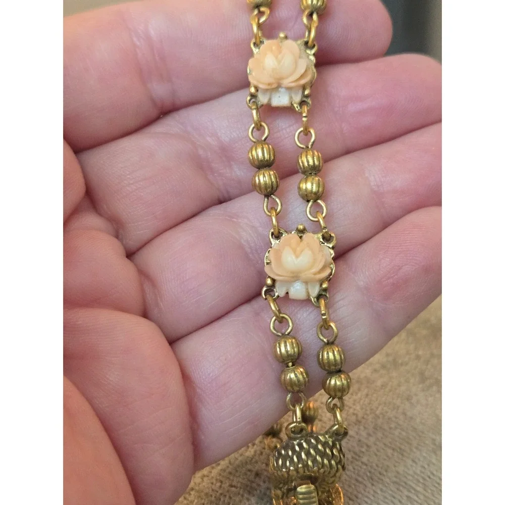 Goldette Peach Carved Celluloid Rose Goldtone Bracelet Signed Vintage 7.5in